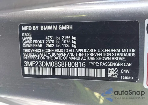 2025 BMW M2 z USA, uszkodzony, nr VIN 3MF23DM08S8F80816